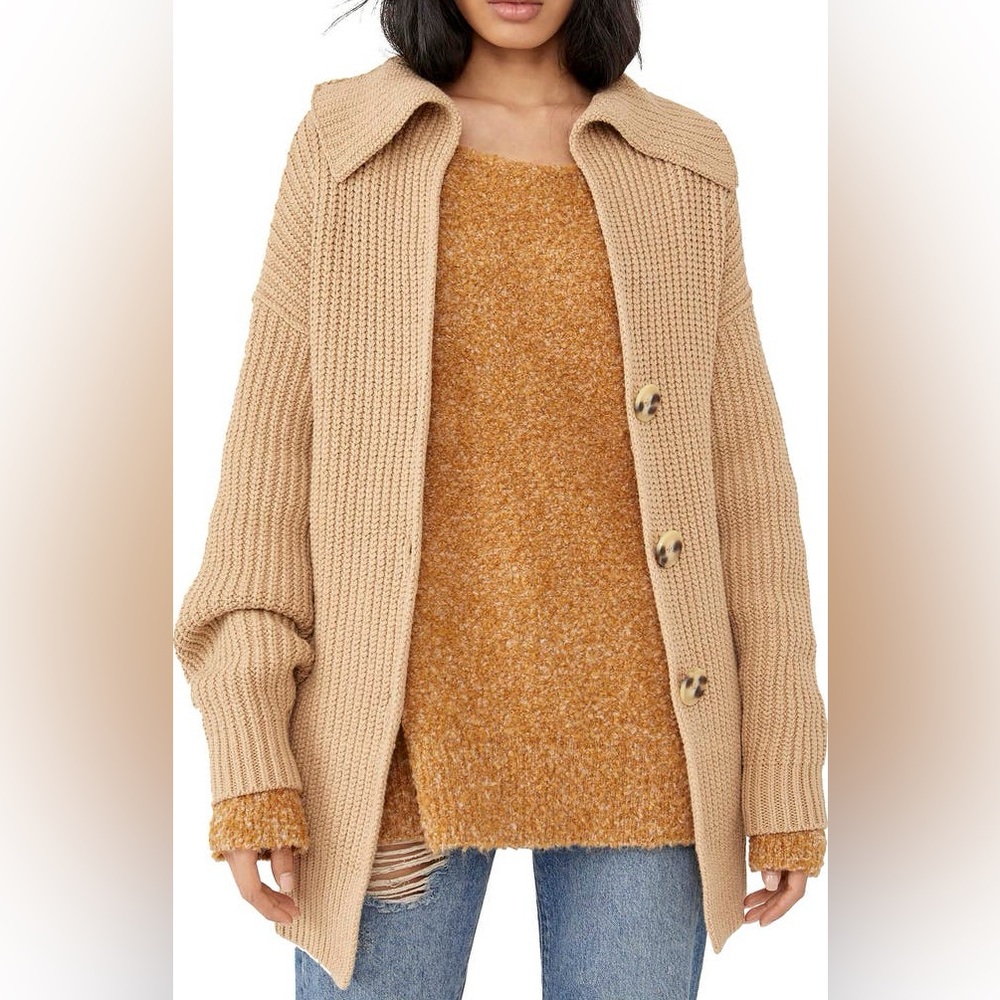 Free People Swim Too Deep Oversized Chunky Knit Cardigan | Almond | Size Medium - Picture 3 of 11